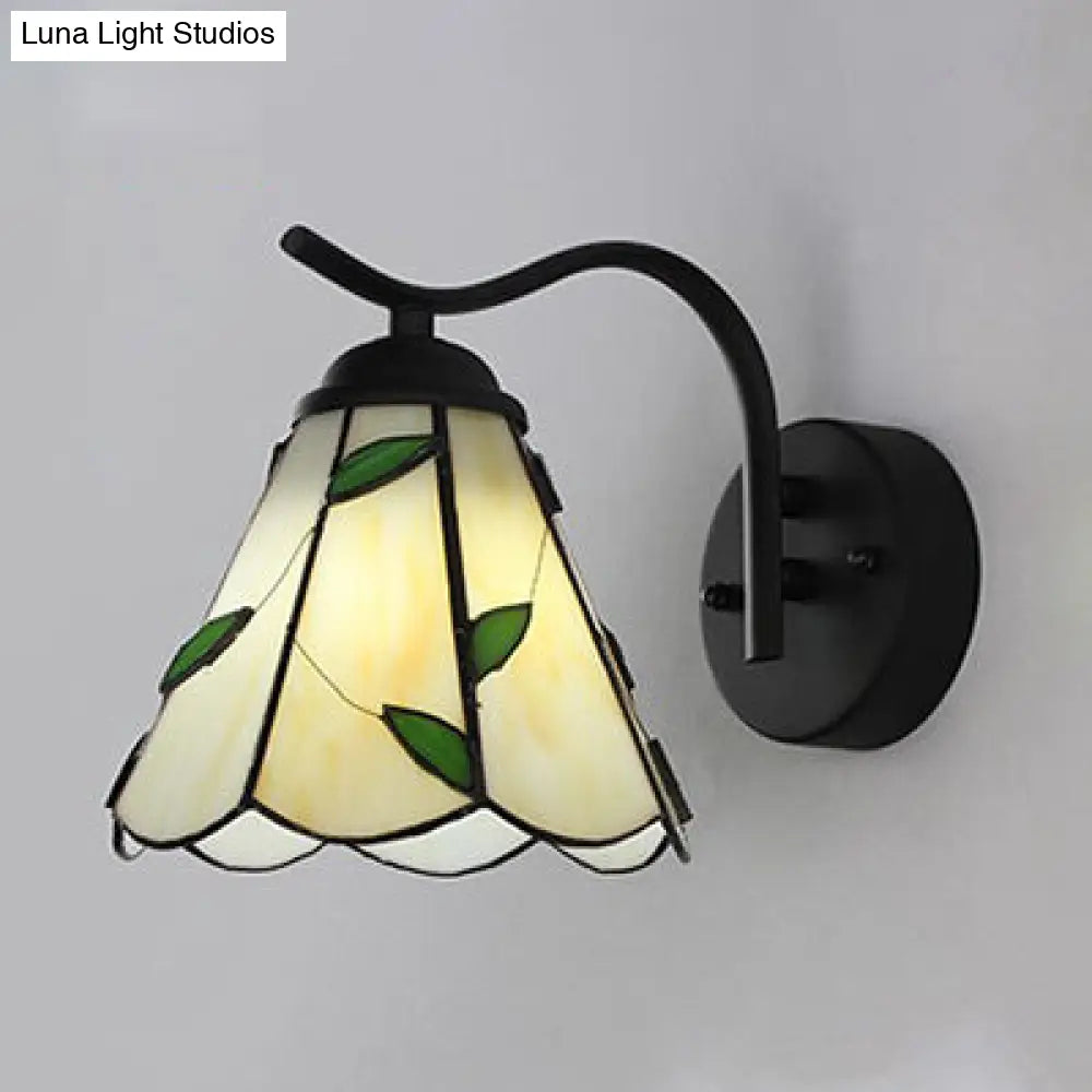 Traditional Tiffany Wall Lamp: Conical Sconce Lighting With Black Curved Arm In White/Beige -