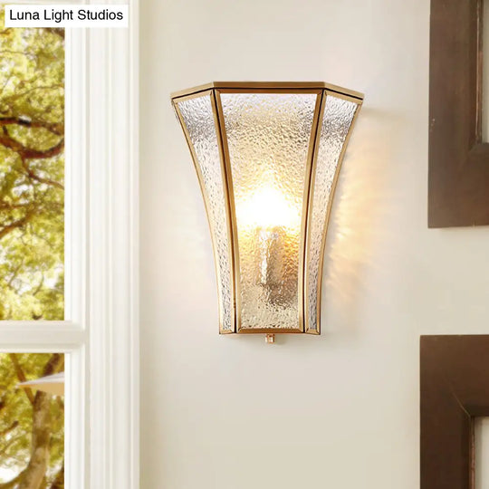 Traditional Trumpet Sconce Light With Textured Glass - Gold Wall Lamp For Living Room