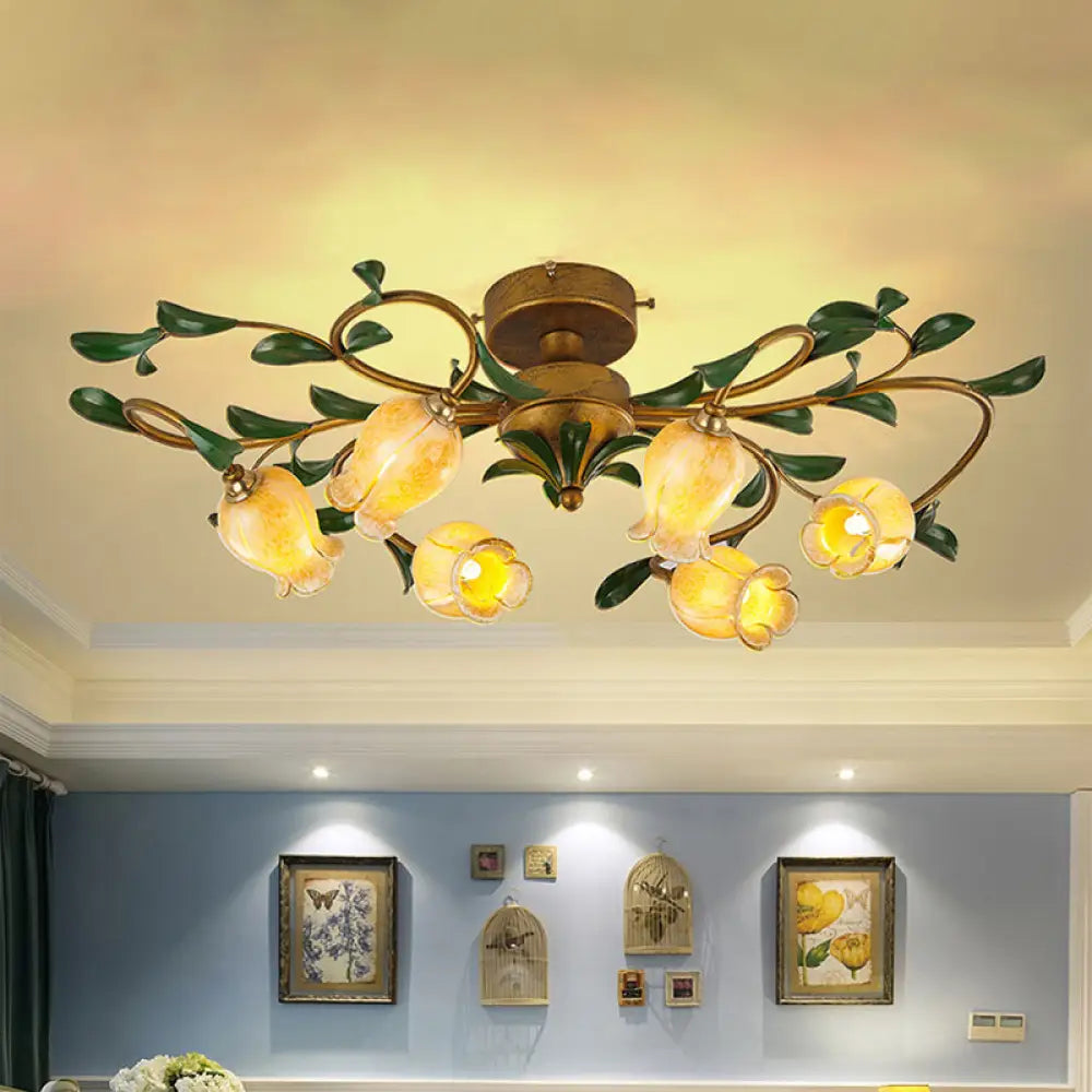 Traditional Tulip Glass Semi Flush Mount Chandelier - White/Yellow 6 - Light Fixture For Dining