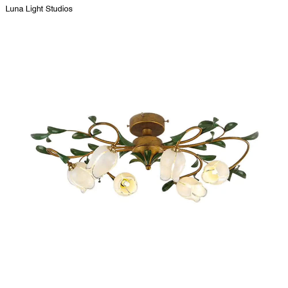 Traditional Tulip Glass Semi Flush Mount Chandelier - White/Yellow 6 - Light Fixture For Dining