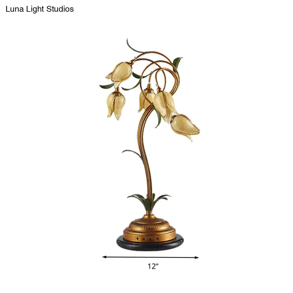 Traditional Tulip Shaped Glass Nightstand Lamp With 5 Lights - Beige & Brass Night Table Light