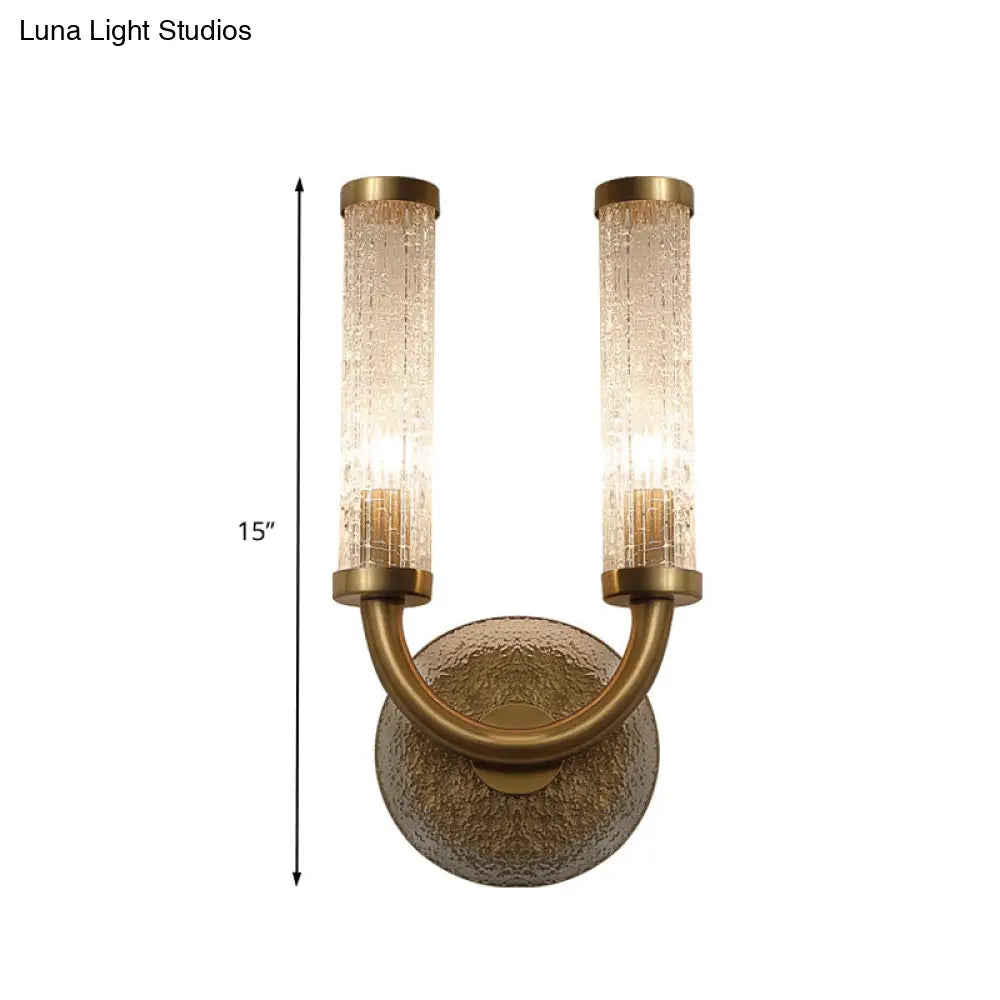 Traditional U-Shaped Wall Lighting With 2 Crackle Glass Lights - Gold Finish