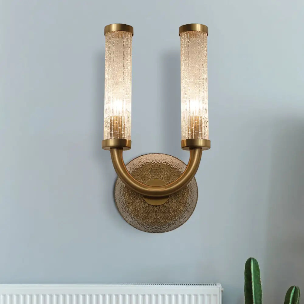 Traditional U-Shaped Wall Lighting With 2 Crackle Glass Lights - Gold Finish