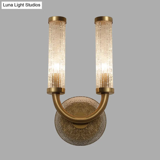 Traditional U-Shaped Wall Lighting With 2 Crackle Glass Lights - Gold Finish