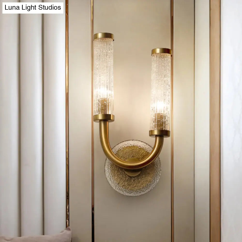 Traditional U-Shaped Wall Lighting With 2 Crackle Glass Lights - Gold Finish