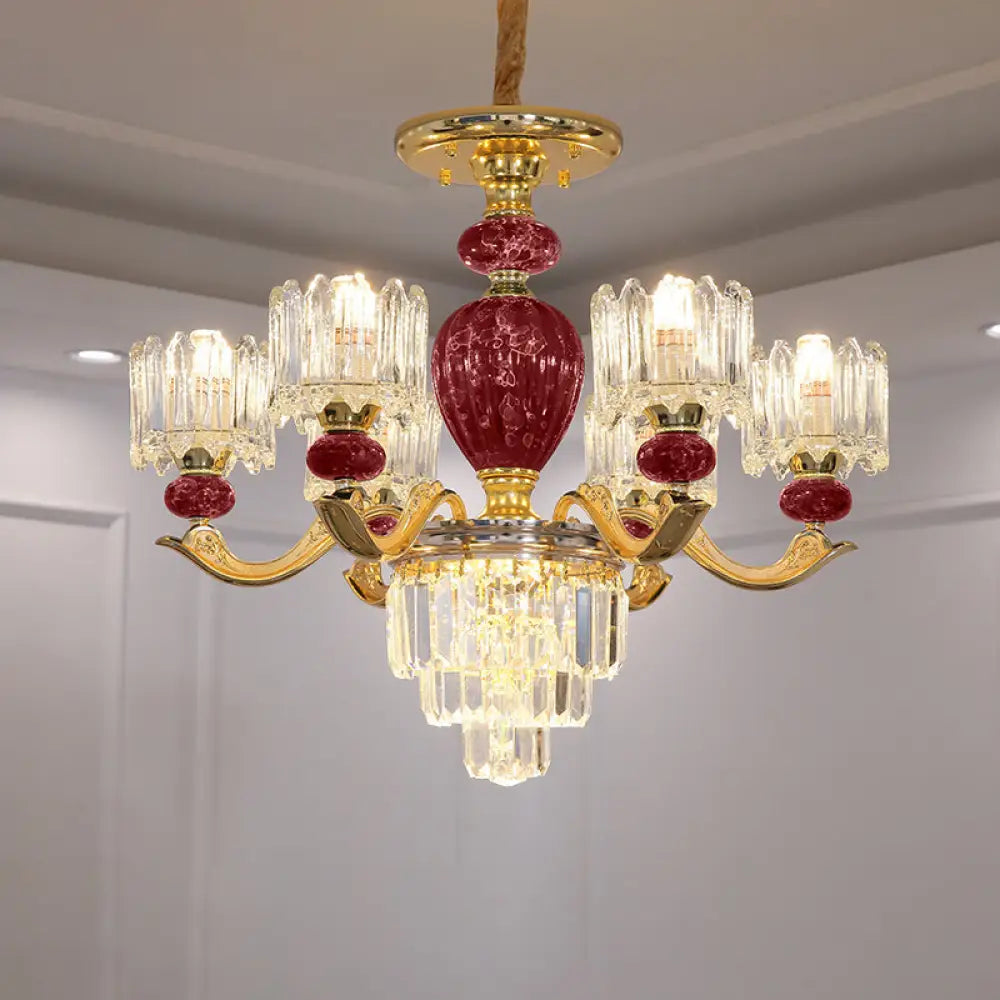 Traditional Urn Chandelier 6-Bulb Crystal Ceiling Lamp - Red/Green With Drum Shade Red