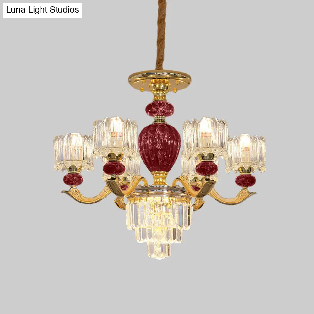 Traditional Urn Chandelier 6-Bulb Crystal Ceiling Lamp - Red/Green With Drum Shade