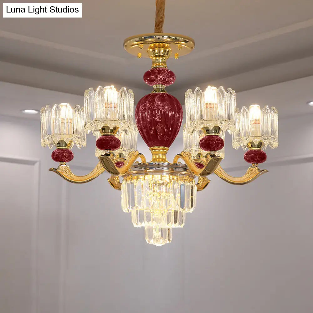 Traditional Urn Chandelier 6-Bulb Crystal Ceiling Lamp - Red/Green With Drum Shade