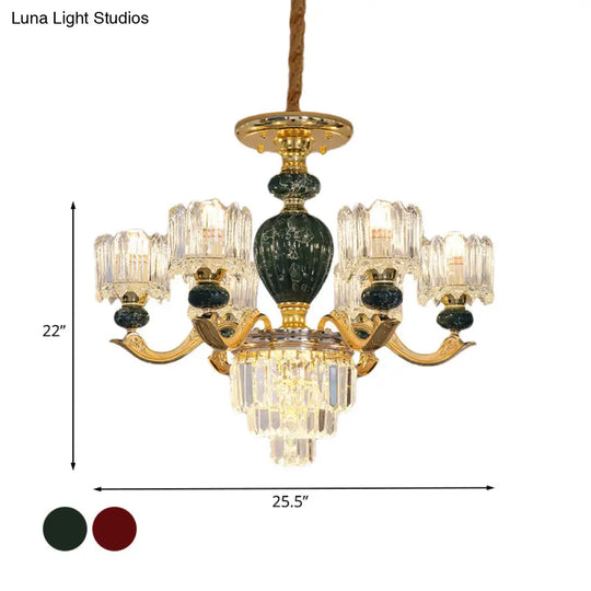 Traditional Urn Chandelier 6-Bulb Crystal Ceiling Lamp - Red/Green With Drum Shade