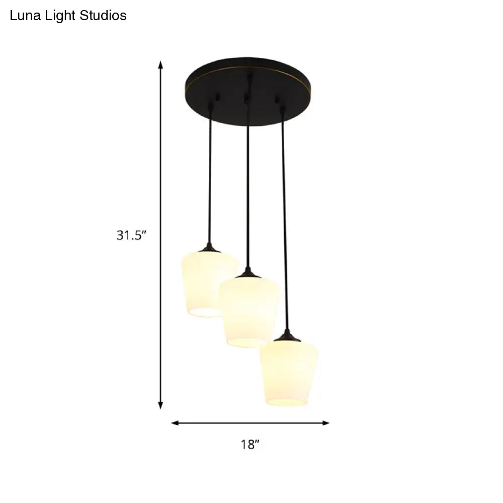 Traditional Urn Shape Pendant Light With 3 White Glass Lights - Black Finish