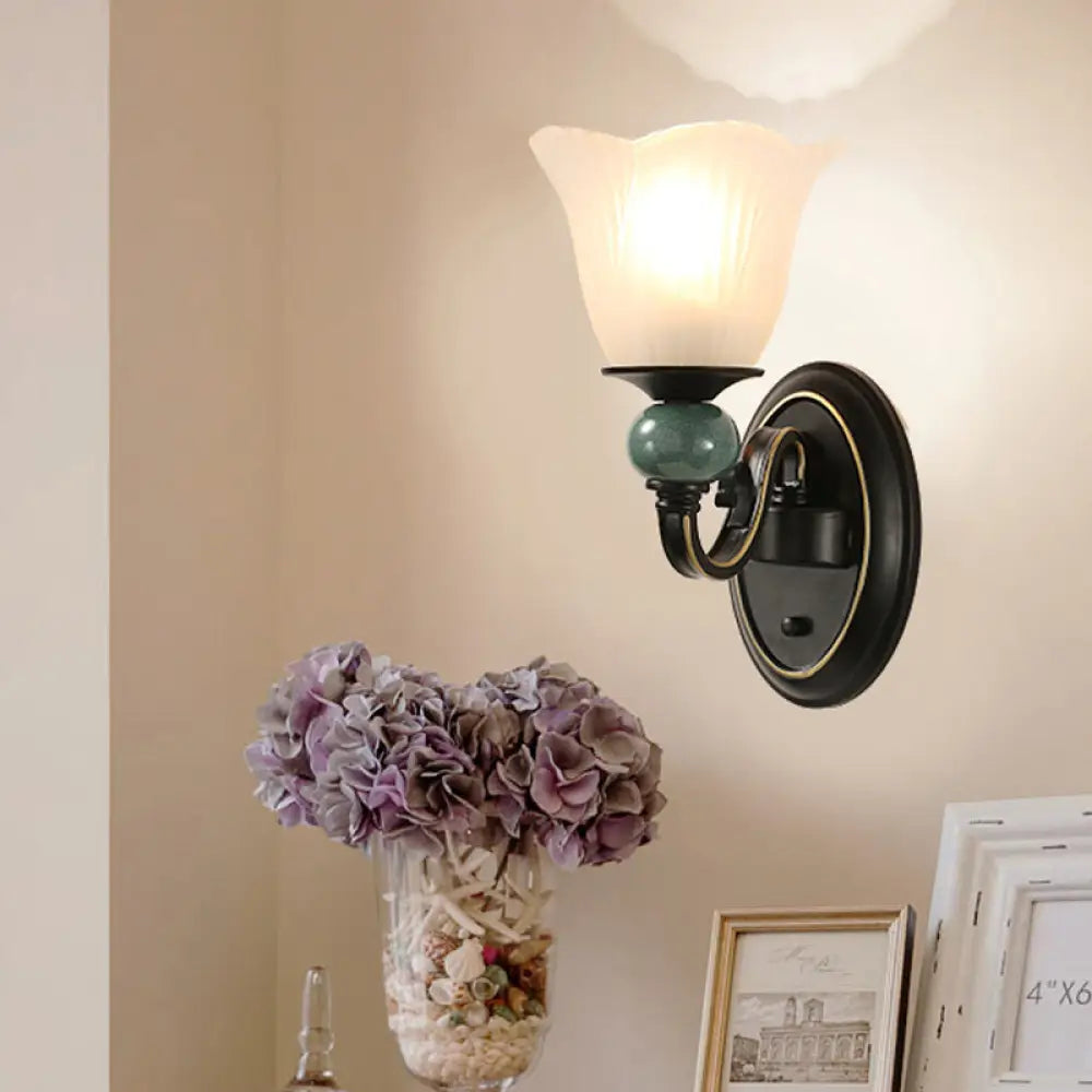 Traditional Wall Mounted Black Flared Lamp With Opal Ribbed Glass And Swirl Arm For Bedroom Sconce 1