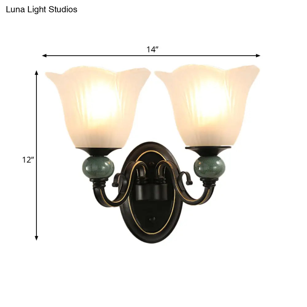 Traditional Wall Mounted Black Flared Lamp With Opal Ribbed Glass And Swirl Arm For Bedroom Sconce