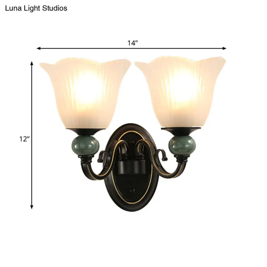 Traditional Wall Mounted Black Flared Lamp With Opal Ribbed Glass And Swirl Arm For Bedroom Sconce