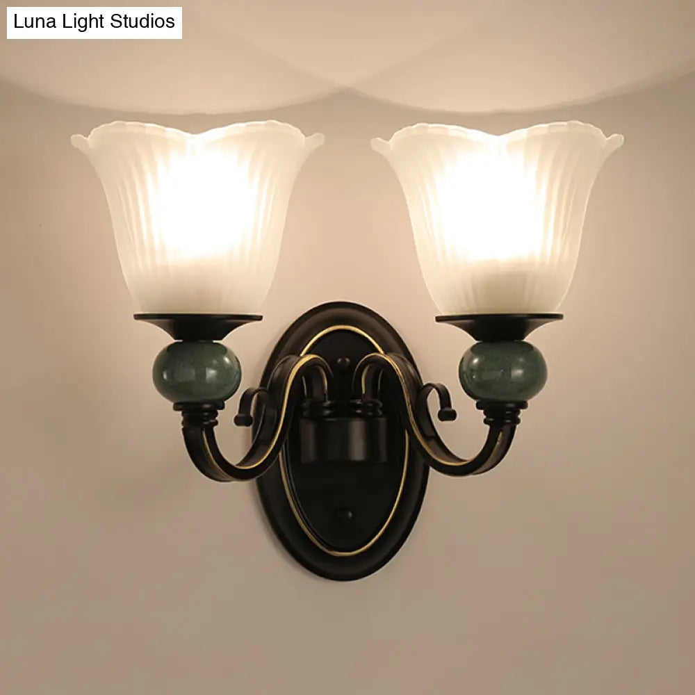 Traditional Wall Mounted Black Flared Lamp With Opal Ribbed Glass And Swirl Arm For Bedroom Sconce