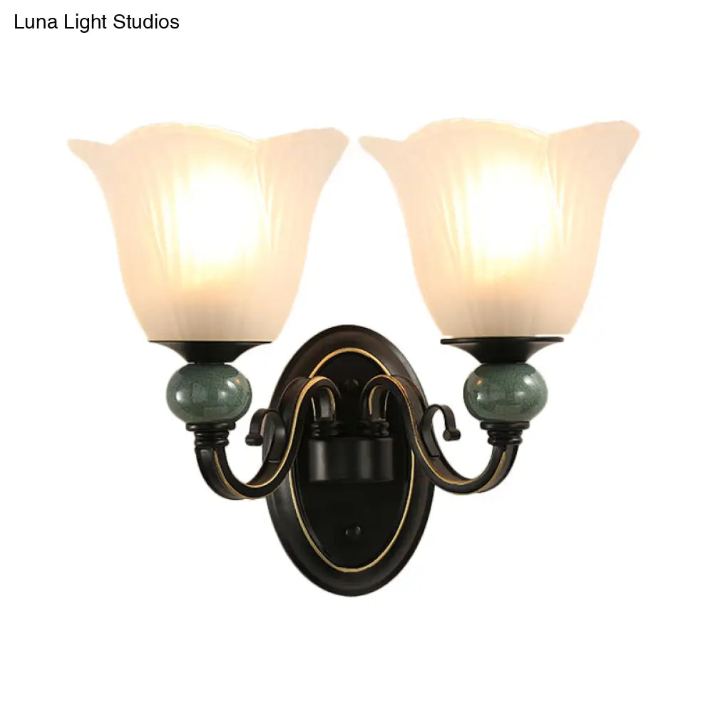 Traditional Wall Mounted Black Flared Lamp With Opal Ribbed Glass And Swirl Arm For Bedroom Sconce