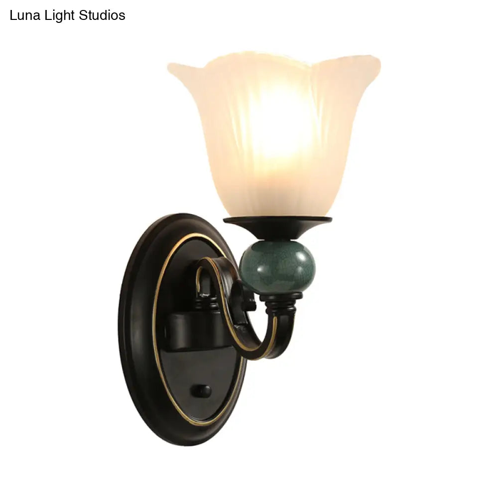 Traditional Wall Mounted Black Flared Lamp With Opal Ribbed Glass And Swirl Arm For Bedroom Sconce