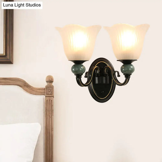 Traditional Wall Mounted Black Flared Lamp With Opal Ribbed Glass And Swirl Arm For Bedroom Sconce