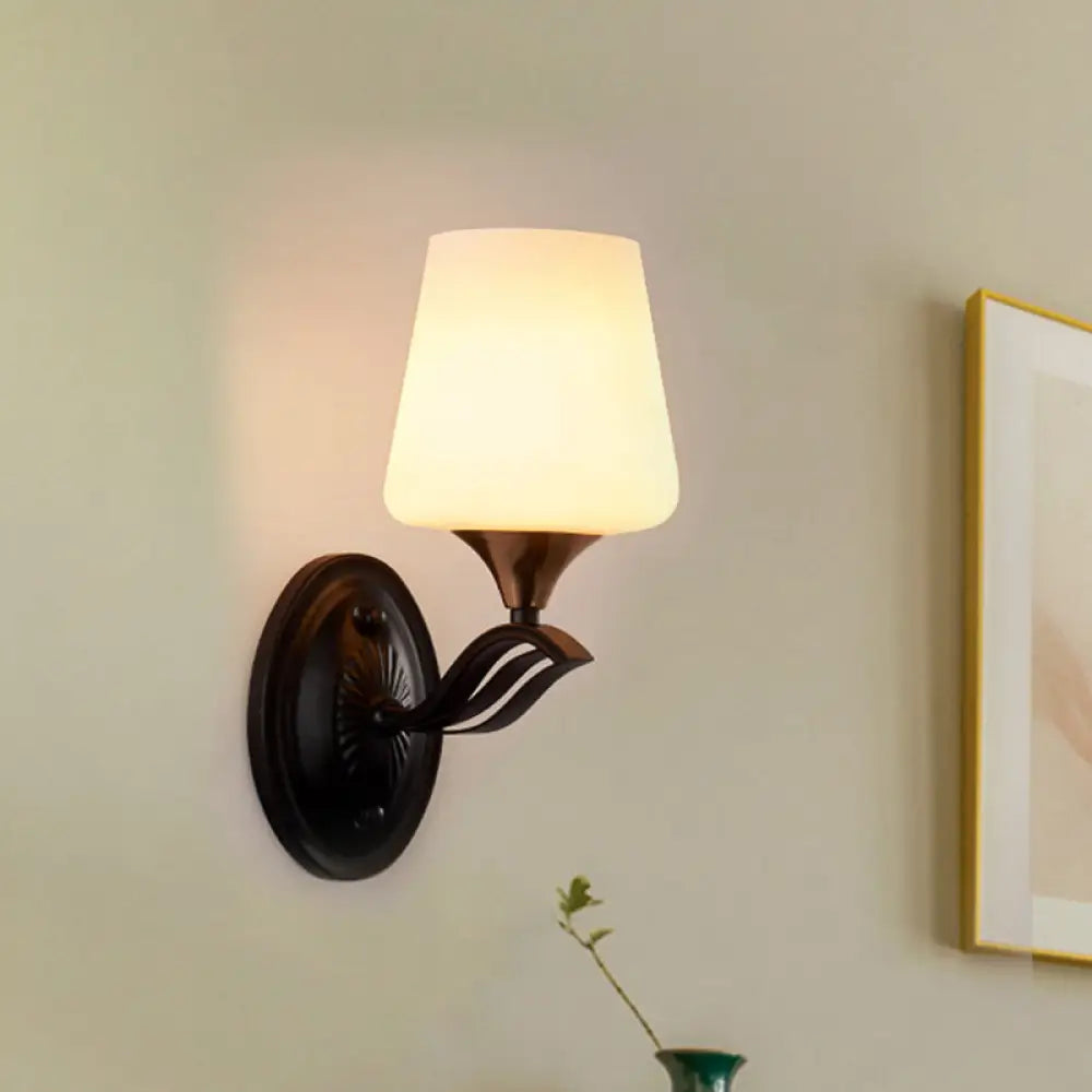 Traditional Wall Mounted Conic Lamp - Black 1-Light With White Frosted Glass Fixture