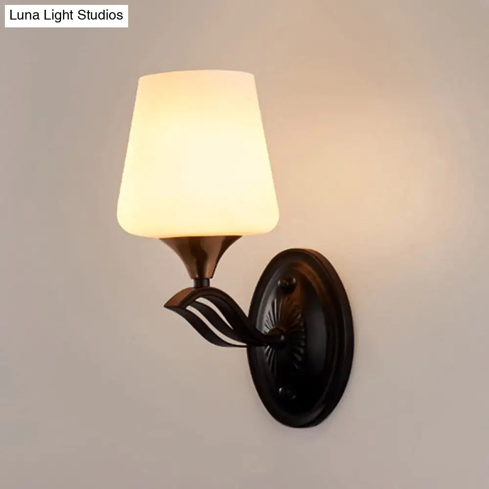 Traditional Wall Mounted Conic Lamp - Black 1-Light With White Frosted Glass Fixture