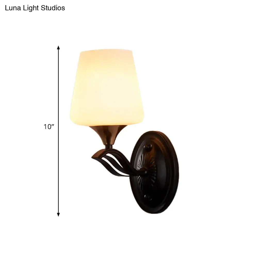 Traditional Wall Mounted Conic Lamp - Black 1-Light With White Frosted Glass Fixture