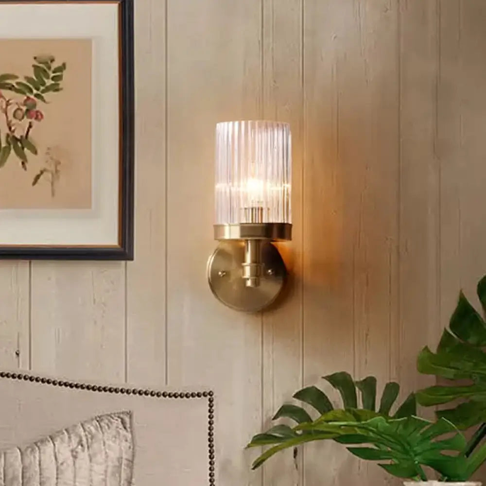 Traditional Wall-Mounted Cylinder Lamp With Transparent Glass Sconce In Brown/Gold Perfect For