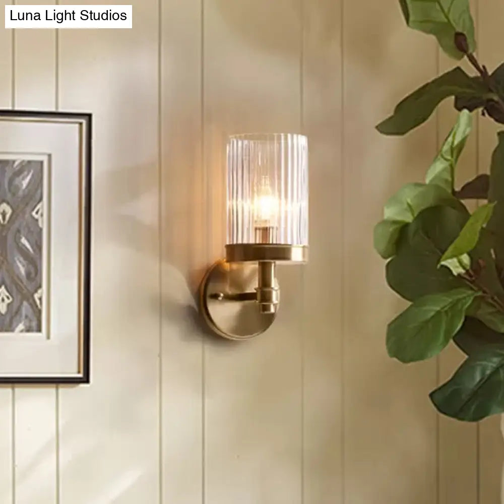 Traditional Wall-Mounted Cylinder Lamp With Transparent Glass Sconce In Brown/Gold Perfect For