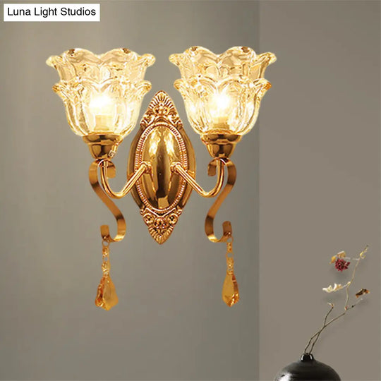 Traditional Wall Sconce Lamp Fixture: Gold 2-Light Clear Crystal Glass Flower Shade Lighting