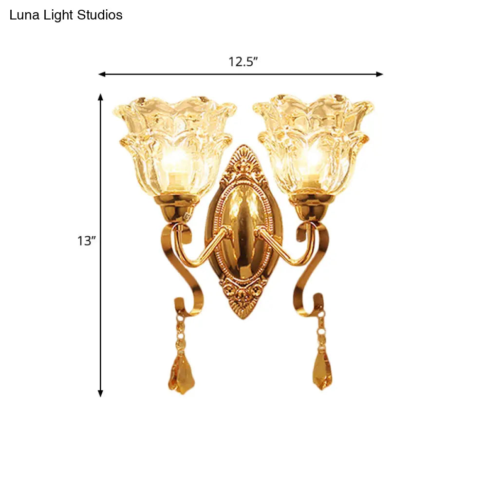 Traditional Wall Sconce Lamp Fixture: Gold 2-Light Clear Crystal Glass Flower Shade Lighting