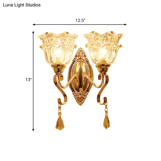 Traditional Wall Sconce Lamp Fixture: Gold 2-Light Clear Crystal Glass Flower Shade Lighting