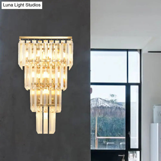 Traditional Wall Sconce With Layered Crystal Block Shade - 4/7 Heads Gold Finish