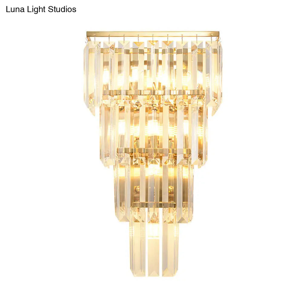 Traditional Wall Sconce With Layered Crystal Block Shade - 4/7 Heads Gold Finish