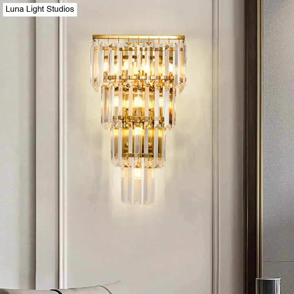 Traditional Wall Sconce With Layered Crystal Block Shade - 4/7 Heads Gold Finish