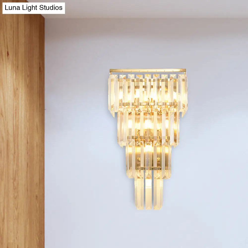 Traditional Wall Sconce With Layered Crystal Block Shade - 4/7 Heads Gold Finish