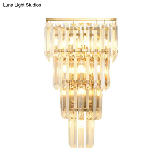 Traditional Wall Sconce With Layered Crystal Block Shade - 4/7 Heads Gold Finish