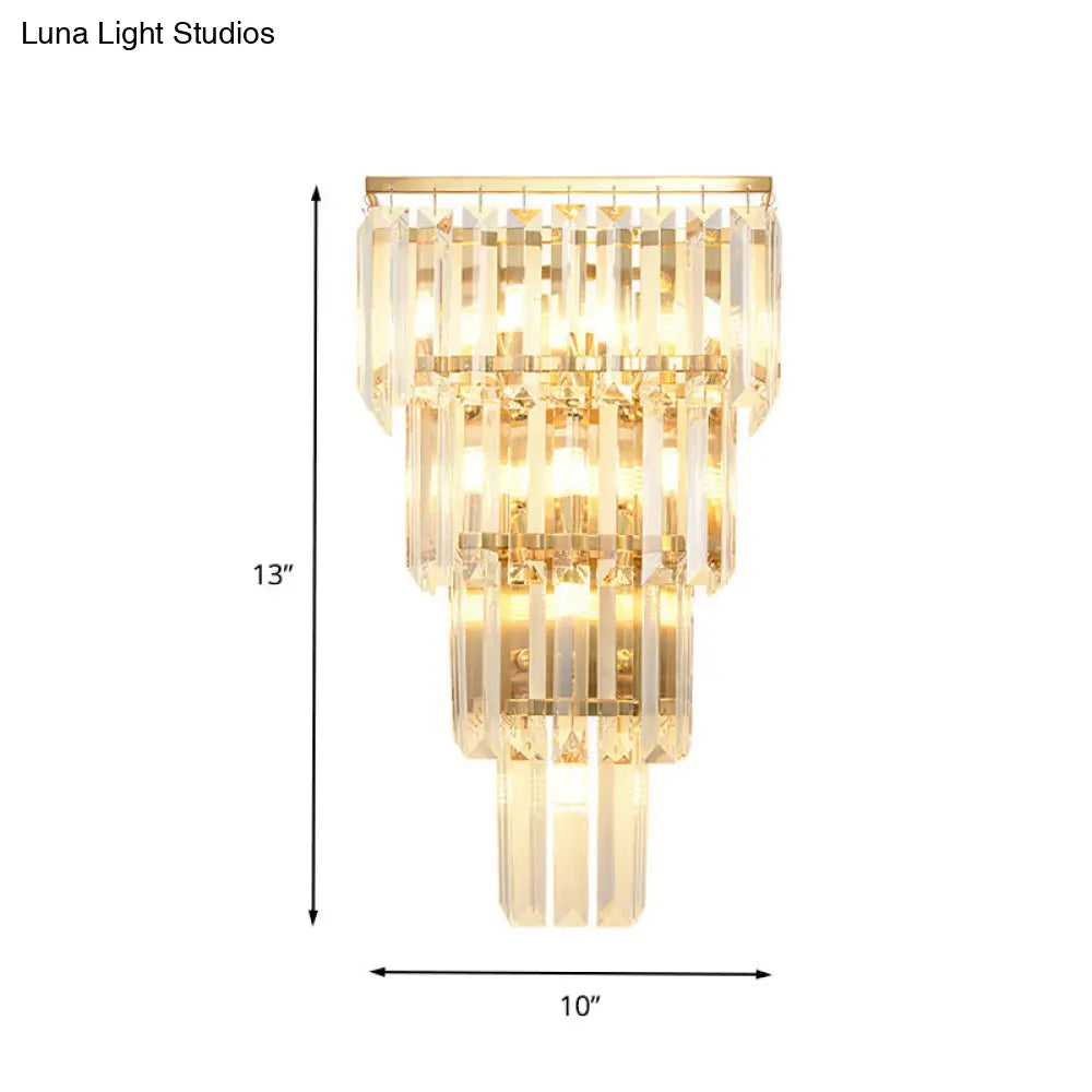 Traditional Wall Sconce With Layered Crystal Block Shade - 4/7 Heads Gold Finish