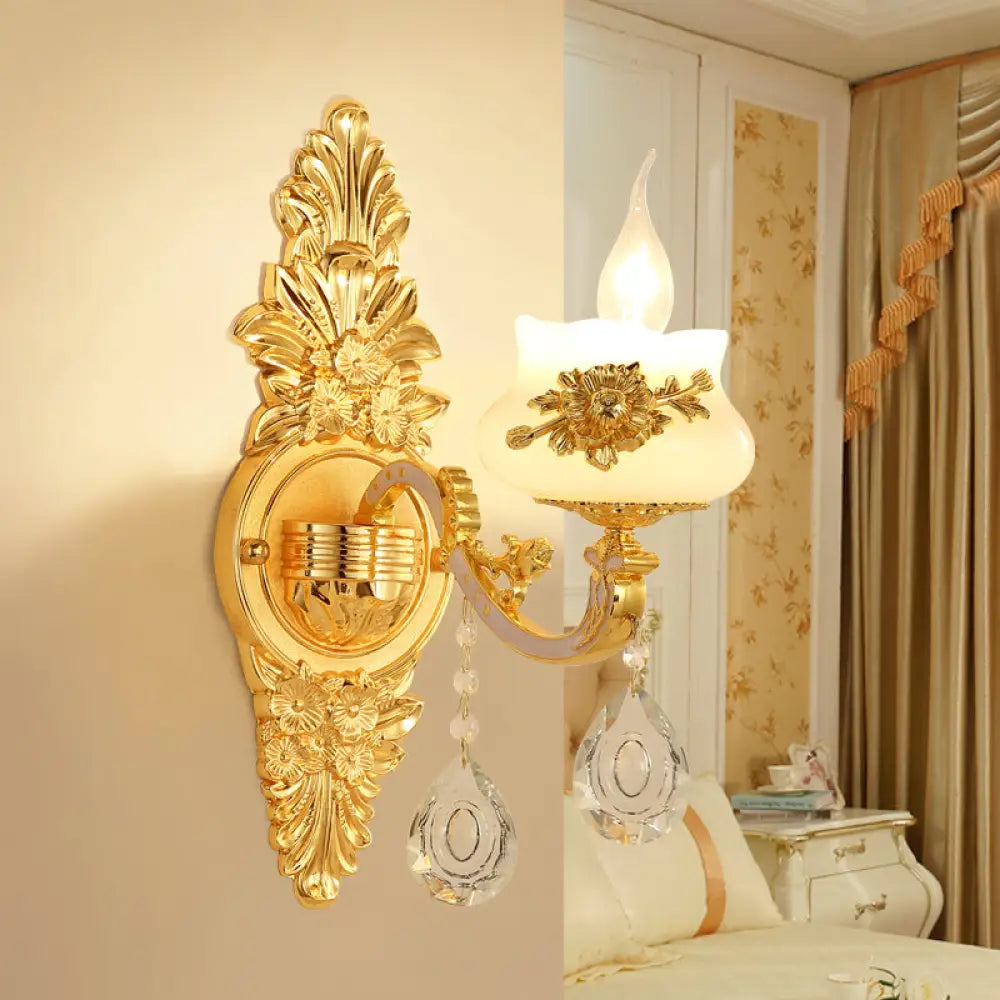 Traditional Wall Sconce With White Glass Shade In Gold For Living Room 1 /