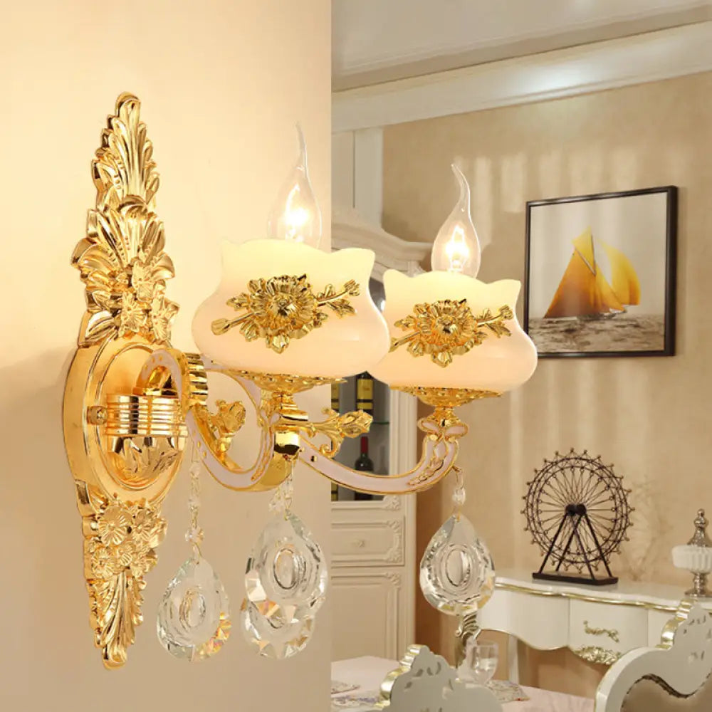 Traditional Wall Sconce With White Glass Shade In Gold For Living Room 2 /