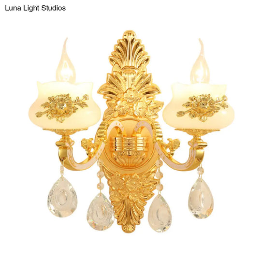 Traditional Wall Sconce With White Glass Shade In Gold For Living Room