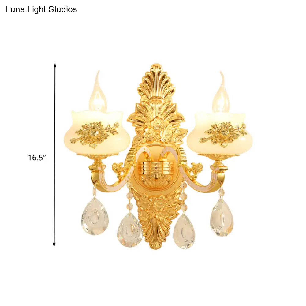 Traditional Wall Sconce With White Glass Shade In Gold For Living Room