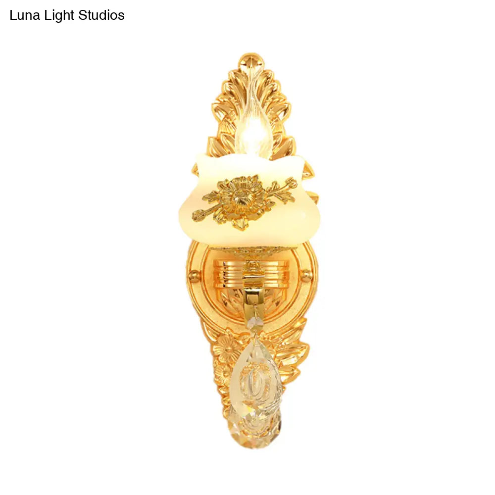 Traditional Wall Sconce With White Glass Shade In Gold For Living Room