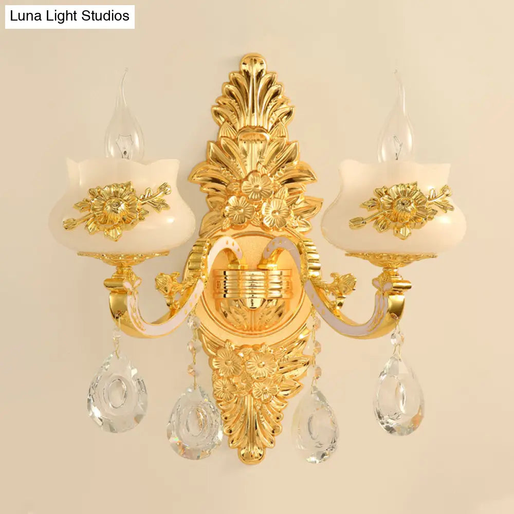 Traditional Wall Sconce With White Glass Shade In Gold For Living Room