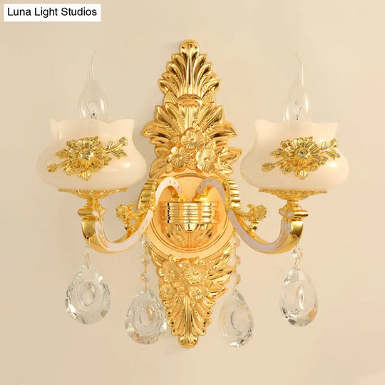 Traditional Wall Sconce With White Glass Shade In Gold For Living Room