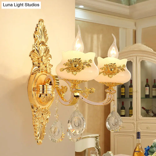 Traditional Wall Sconce With White Glass Shade In Gold For Living Room