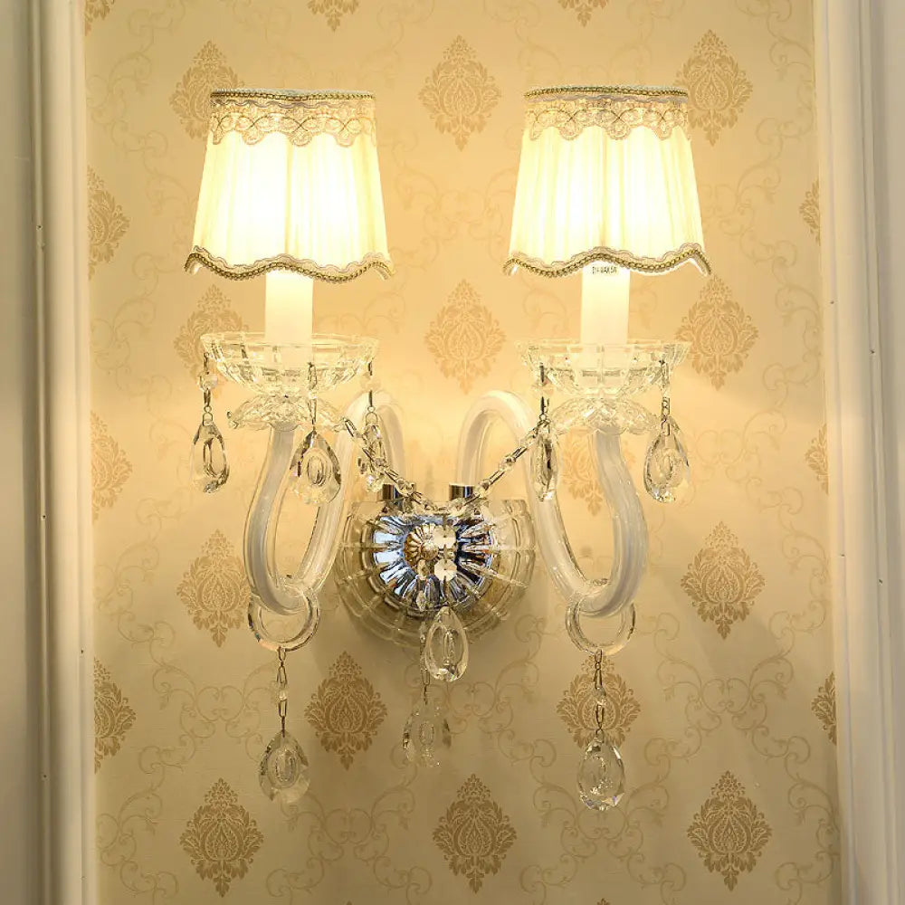 Traditional White Candle Wall Lamp With Clear Crystal Accent And Scalloped Fabric Shade 2 /