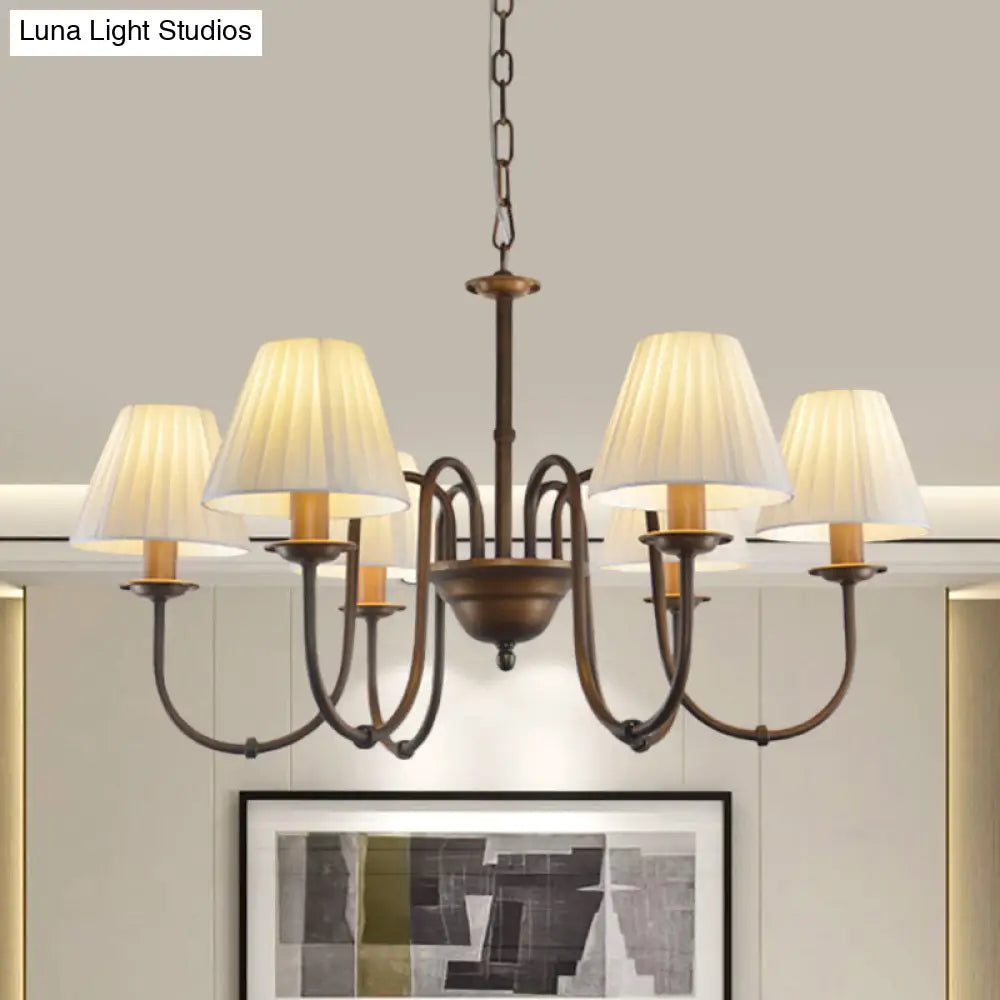 Traditional White Chandelier Light Fixture With Fabric Scroll Pendant For Living Room - 3/6 Lights