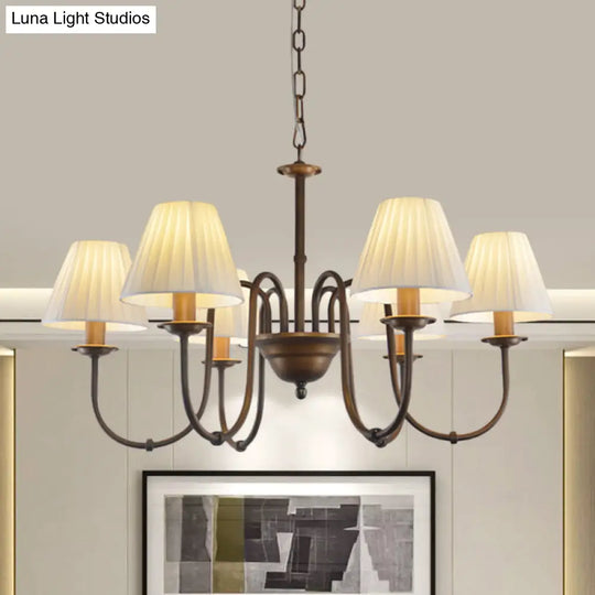 Traditional White Chandelier Light Fixture With Fabric Scroll Pendant For Living Room - 3/6 Lights