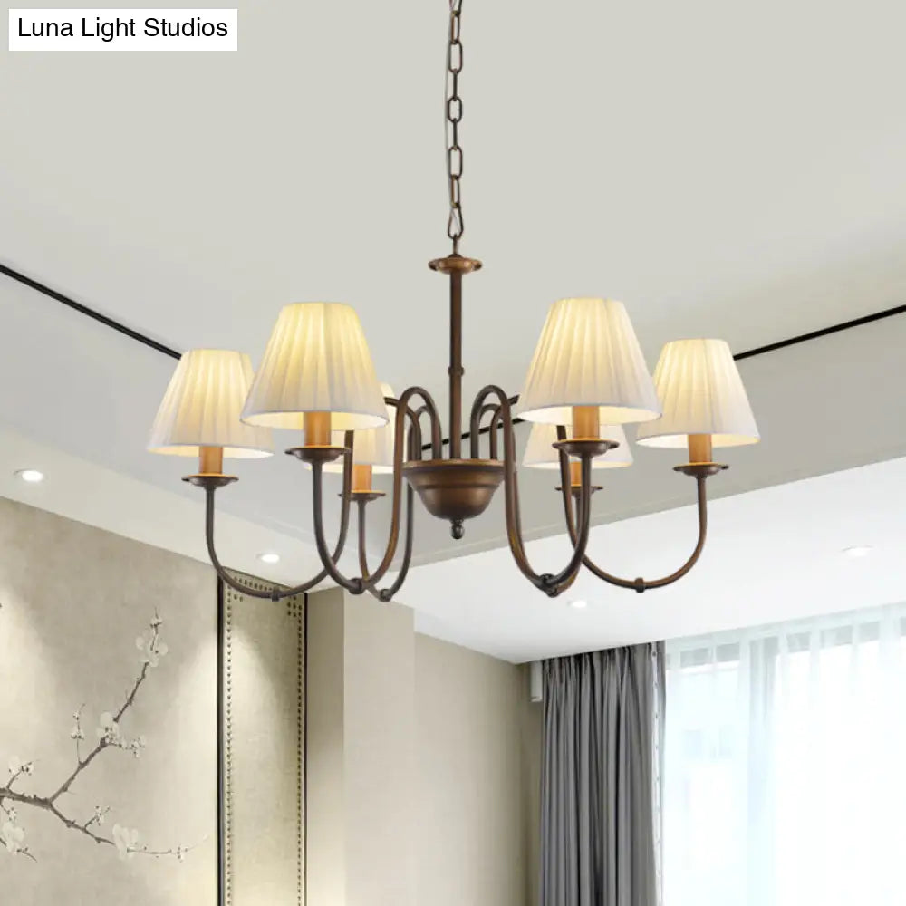 Traditional White Chandelier Light Fixture With Fabric Scroll Pendant For Living Room - 3/6 Lights