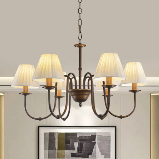 Traditional White Chandelier Light Fixture With Fabric Scroll Pendant For Living Room - 3/6 Lights