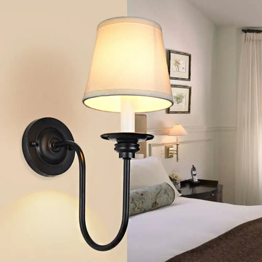 Traditional White Cone Fabric Wall Sconce With Metal Arched Arm - Bedroom Lighting