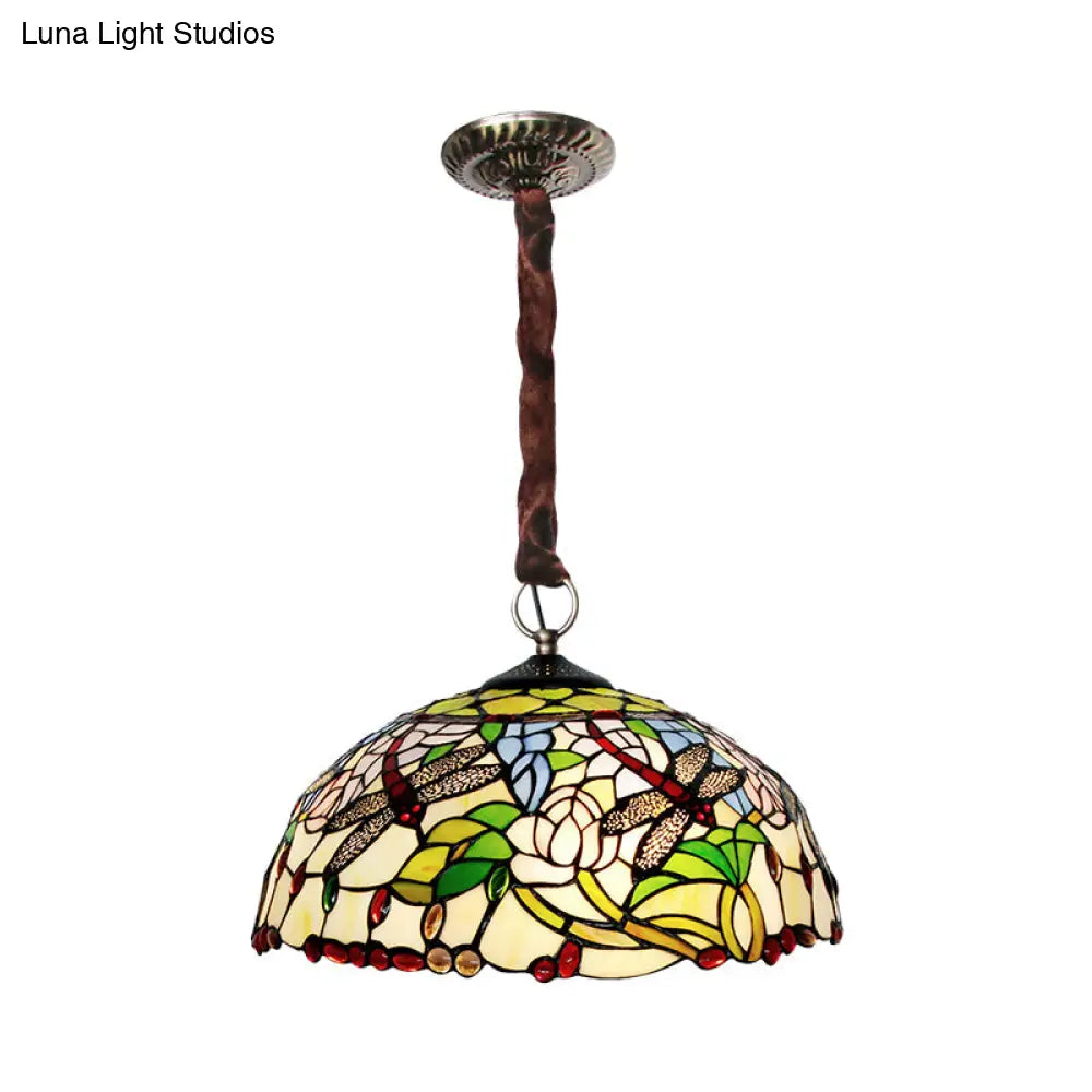 Traditional White Dragonfly And Floral Chandelier - Stained Glass 3-Bulb Downlight With Beaded Deco